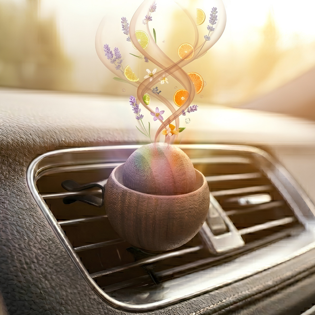 Car air freshener with floral design on a car dashboard